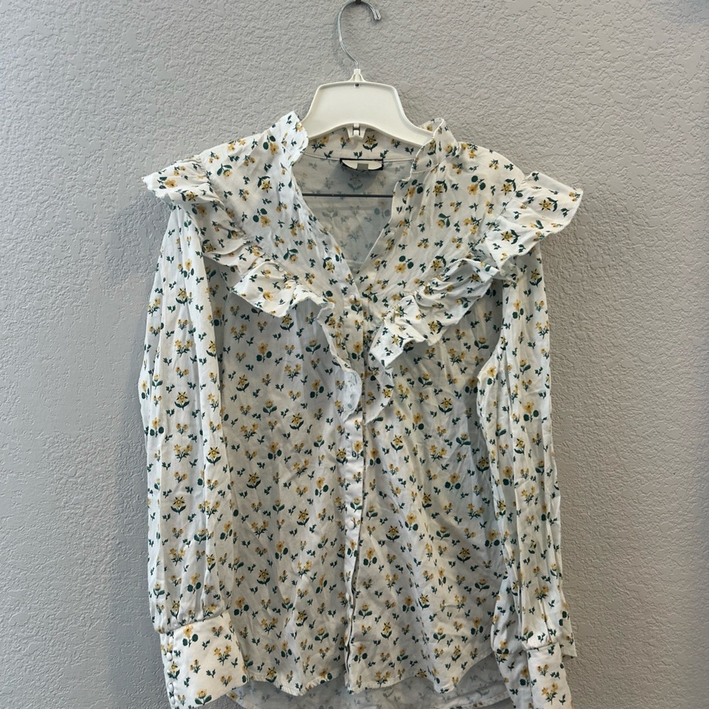 Tuckernuck Women’s Floral Posey Maddox Blouse Ruffle Collar Long Sleeve Size L